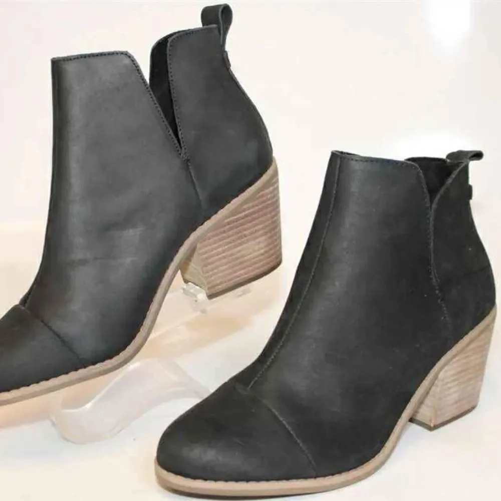 NEW TOMS Everly Cutout Black Leather Heels Ankle Boots Size 10